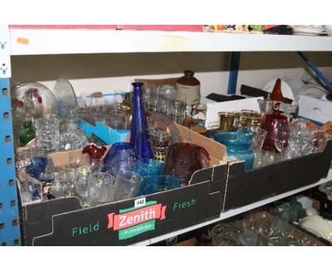 FIVE BOXES OF GLASSWARE AND CERAMICS, a table lamp, a large glass bottle, other ceramics and glassware (5 boxes and loose)