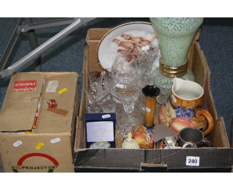 TWO BOXES OF CERAMICS, GLASS, 8MM PROJECTOR, etc, to include Franz jug and spoon, cut glasses, boxed Royal Mint enamel box, S