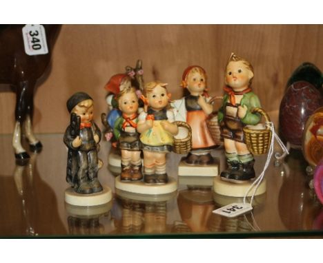 FIVE HUMMEL FIGURES, 'Village Boy' HUM51, 'Chimney Sweep' HUM12, 'Mediation' HUM13, 'To Market' HUM49 and 'Apple Tree Girl' H