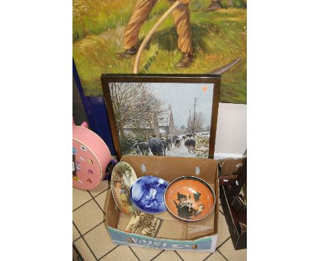 A BOX OF CERAMICS, and two oil paintings and a print (4)