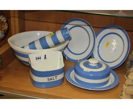 T.G. GREEN BLUE CORNISH WARE, to include 'Salt' box, cheese stand/cover, two 20cm diameter plates, rolling pin (missing ends)