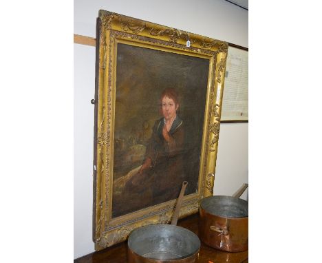 19TH CENTURY BRITISH SCHOOL, half length portrait of a boy with a begging bowl, oil on canvas, 101cm x 76.5cm, in a gilt fram