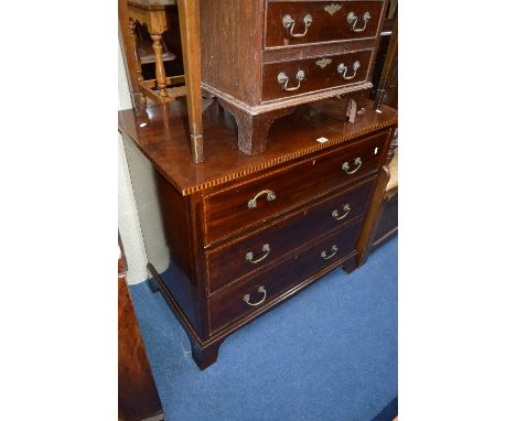 AN EDWARDIAN MAHOGANY INLAID CHEST, of three long drawers, approximate size width 90cm x depth 53cm x height 84cm