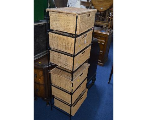 A PAIR OF IRON AND WICKER CHESTS OF THREE DRAWERS (2)