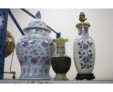 A MODERN CHINESE PORCELAIN TABLE LAMP,  a ginger jar and cover and an oriental pierced metal and stone vase (3)