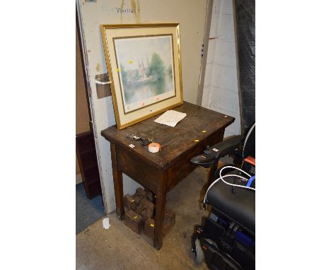 AN OAK CASED MANGLE, a print of Lichfield and four vintage weights (6)