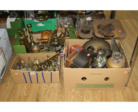 THREE BOXES OF METALWARES, CLOCKS, two 78's, ''Dear Mr.S..... Alias Adolph Hitler'', together with a set of scales and weight