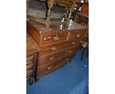 A GEORGE III MAHOGANY CHEST, of two short and three long drawers with brass drop down handles, approximate size width 109cm x