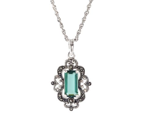 Silver green quartz and marcasite pendant necklace, stamped 925Condition Report:Pendant length = 35mm, good condition