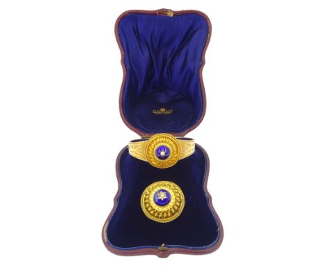 Victorian 18ct gold enamel and seed pearl hinged bangle and matching brooch, each star set with a seed pearl and blue enamel 