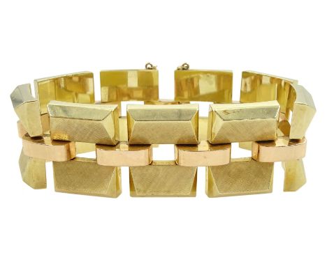 Mid-late 20th century continental 14ct brushed yellow and polished rose gold tank bracelet, stamped 585Condition Report:Appro