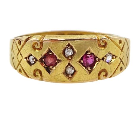 Victorian 15ct gold gypsy set ruby and diamond ring, Chester 1894, boxedCondition Report:Approx 1.9gm, size N, max depth = 6.