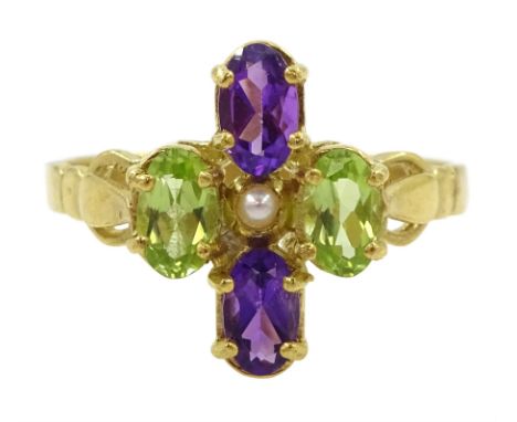 Silver-gilt peridot, amethyst and seed pearl ring, stampedCondition Report:Size M-N, good condition