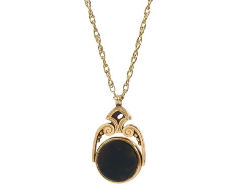 Early 20th century 9ct rose gold bloodstone and agate swivel fob, Birmingham 1911, on later 9ct gold link chain necklace, hal
