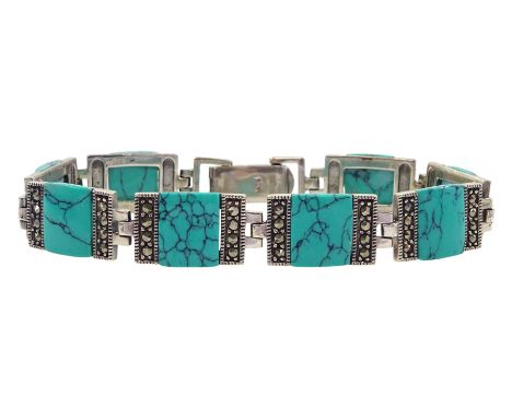 Silver turquoise and marcasite link bracelet, stamped 925Condition Report:Length = 19cm, good condition