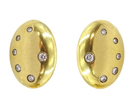 Pair of 18ct gold rubover set round brilliant cut diamond, oval shaped earrings, Sheffield 1996Condition Report:Approx 7.15gm