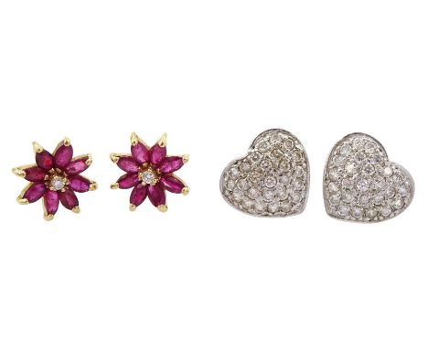 Pair of gold round brilliant cut diamond and marquise cut ruby cluster flower head stud earrings and a pair of white gold cub