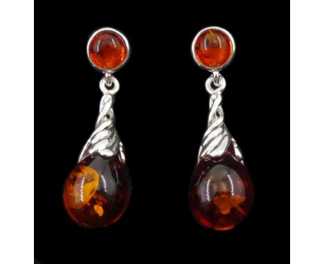 Pair of silver amber pendant stud earrings, stamped 925Condition Report:Pendant length = 32mm, good condition