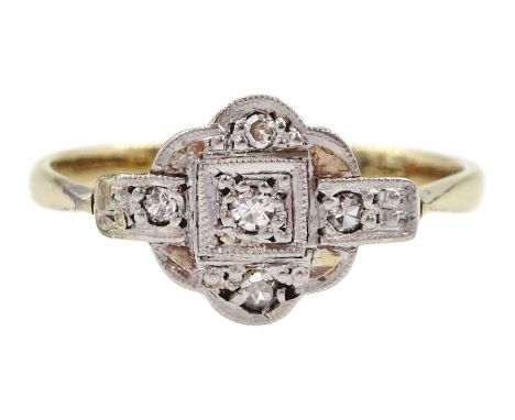 Art deco gold and platinum milgrain set diamond ring, stamped 9ct & PlatCondition Report:Approx 1.4gm, size K-L, head depth =