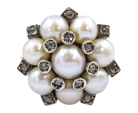 Gold and silver cultured white pearl and rose cut diamond flower head cluster ring, stamped 585Condition Report:Approx 9.9gm,