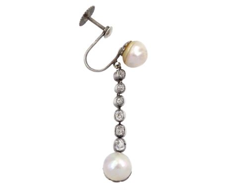 Early 20th century silver pearl diamond pendant screw back single earring, six graduating milgrain set old cut diamonds, set 