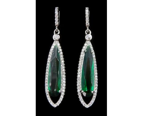Pair of silver green paste stone and cubic zirconia pendant earrings, stamped 925Condition Report:Length = 40mm, good conditi