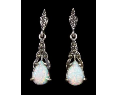Pair of silver opal and marcasite pendant stud earrings, stamped 925Condition Report:Length 33mm, good condition