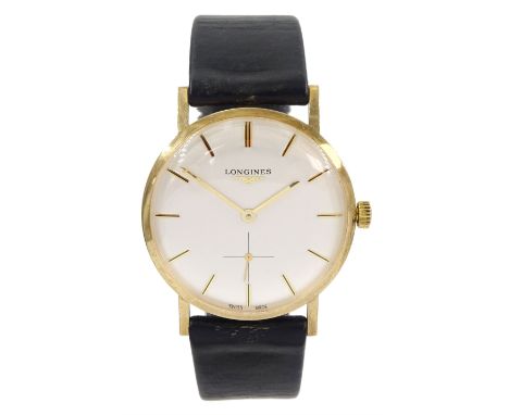 Longines gentleman's 9ct gold manual wind presentation wristwatch, silvered dial with baton hour markers and subsidiary secon