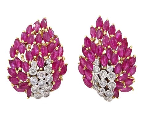 Pair of gold marquise cut ruby and round brilliant cut diamond, abstract flame design stud earringsCondition Report:Approx 14