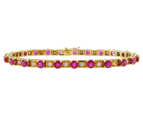 18ct gold ruby and round brilliant cut diamond bracelet, stamped 750, total ruby weight approx 5.75 caratCondition Report:App