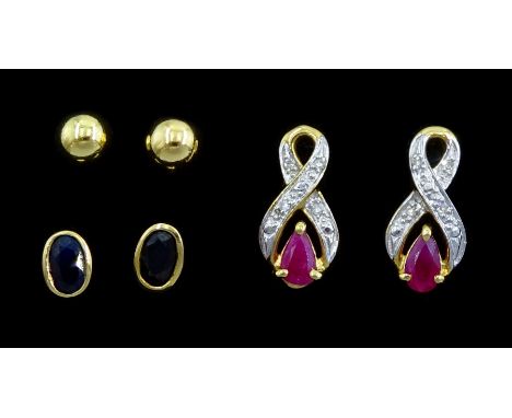 Three pairs of 9ct gold stud earrings including ruby and diamond chip and sapphireCondition Report:Approx 2.8gm, max length =