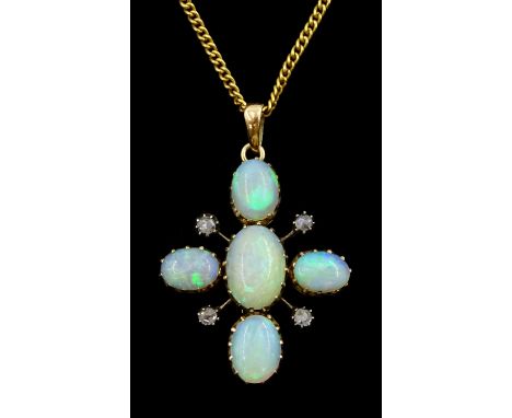 Early 20th century 9ct gold opal and rose cut diamond cross pendant, on later 21ct gold chain necklaceCondition Report:Pendan