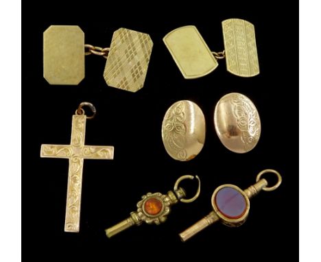 9ct gold jewellery including pair of cufflinks, cross pendant and pair of earrings and two stone set pocket watch keysConditi