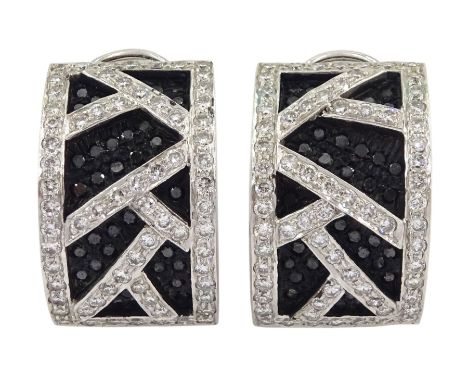 Pair of white and black gold round brilliant cut black and white diamond, abstract design half hoop stud earringsCondition Re
