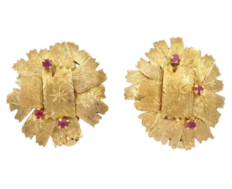 Pair of 17ct gold ruby set clip on earringsCondition Report:Approx 13.25gm, tested 17ct, length = 25mm, good condition