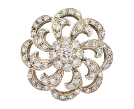 Victorian gold and silver old cut diamond stylised flower brooch, the central diamond cluster, with old cut with swirled peta