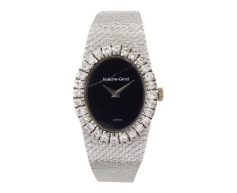 Bueche Girod ladies 18ct white gold manual wind wristwatch, with round brilliant cut diamond bezel, on integrated 18ct white 