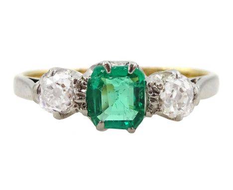 Early 20th century 15ct and palladium three stone emerald and old cut diamond ring, emerald approx 0.35 carat, total diamond 