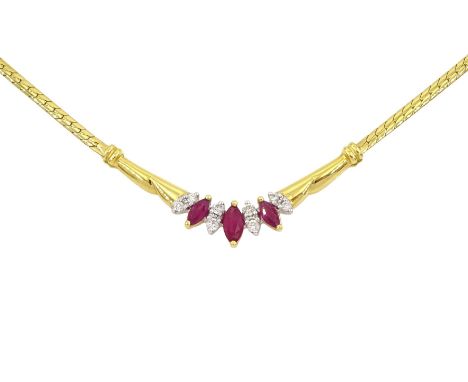 18ct gold marquise cut ruby and round brilliant cut diamond necklace, stampedCondition Report:Approx 8.65gm, tested also 18ct