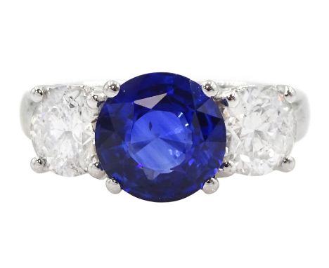 18ct white gold three stone sapphire and round brilliant cut diamond ring, hallmarked, sapphire approx 2.20 carat, total diam