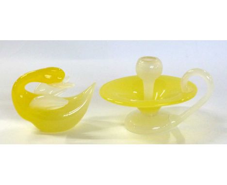 Murano glass green coloured taper stick, together with a Murano glass model of a duck, both with Murano red labels to base, t