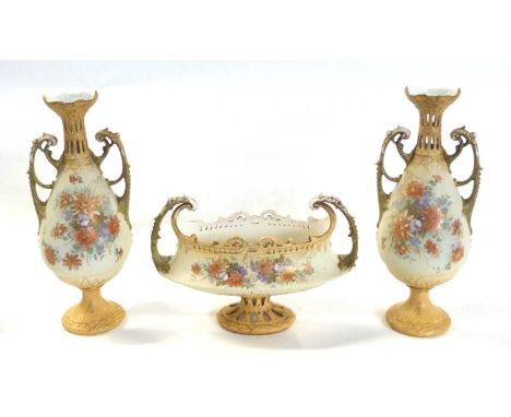 Quantity of Royal Vienna vases, all decorated in Worcester style, the blush ground with flowers comprising two vases with pie