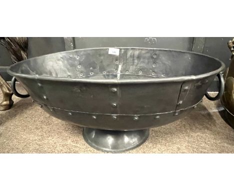Oval iron pedestal bowl or planter with ringlet handles and studded detail, 52cm wide