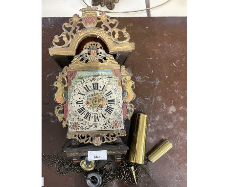 Unusual polychrome painted Dutch Schippertje clock with painted metal face with Roman numerals to a brass movement striking o