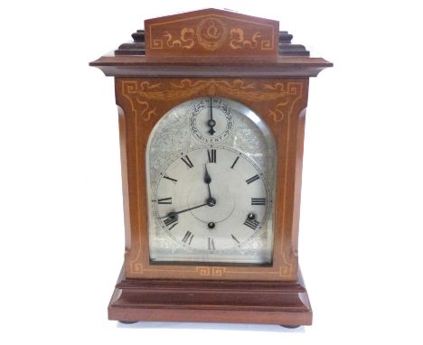 Edwardian mantel clock with inlay, the silvered dial with further subsidiary dial marked 'Chime' and 'Silent', 43cm high