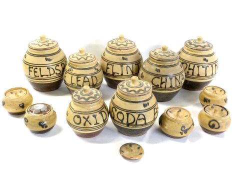 Group of Studio pottery jars and covers by Ray Finch at Winchcombe Pottery with various titles including Felspar, Flint Soda,
