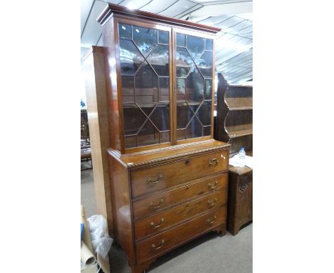 Georgian mahogany secretaire bookcase cabinet, the top section with moulded cornice over two astragal glazed doors, the base 