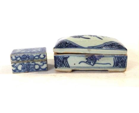 19th Century Chinese box and cover with blue and white design together with a smaller box with a scroll type blue and white d