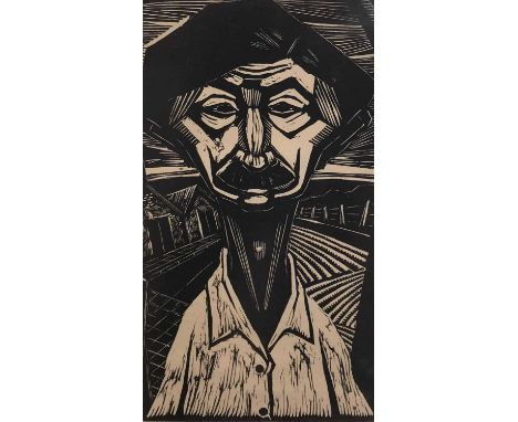 Eduardo Larrante (Uruguayan, Contemporary), Untitled portrait of a farmer. Limited edition woodcut 244/500. Signed.
