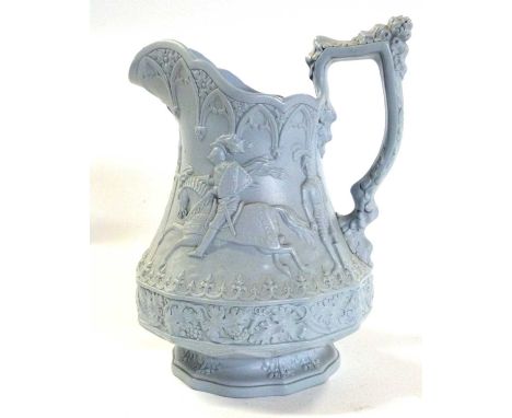 Large pottery Ridgway &amp; Son ewer or jug published 1840, with a medieval design of knights jousting, 25cm high